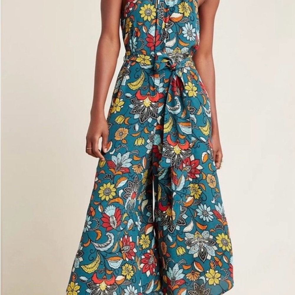 Anthropologie Teal Floral Halter Jumpsuit with Yellow & Red Accents